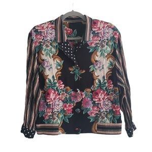 Vintage Mixed Print Button Up Floral Stripe Blouse